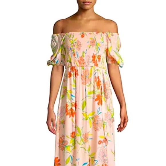 Smocked Maxi Dress Off The Shoulder Floral Pattern Print Boho - Picture 2 of 11